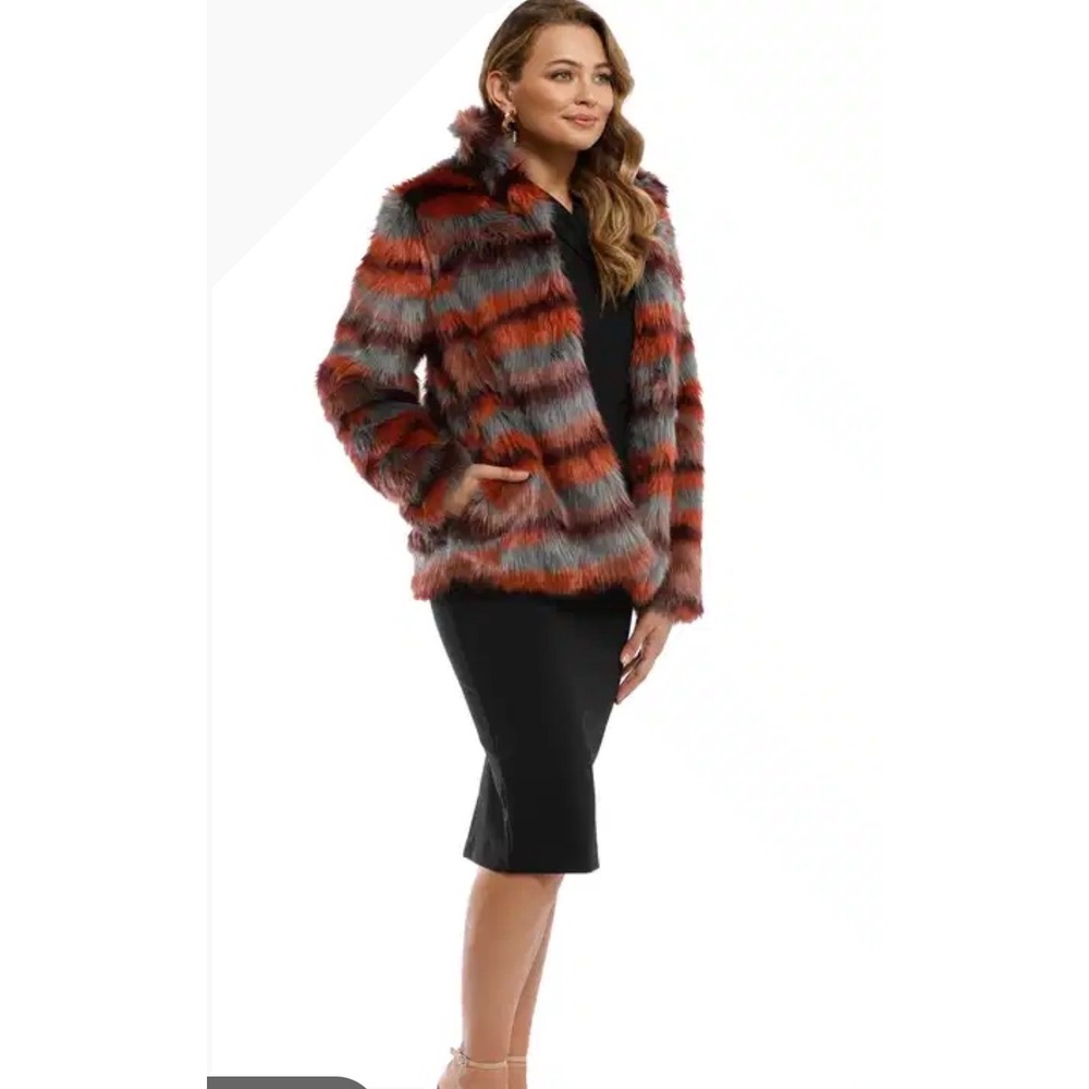 Saylor Faux Fur Paula Striped Jacket Womens XS Multi Color Rust Blue Burgundy